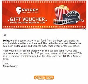 swiggy Get movie vouchers worth Rs. 200 on your first food order of Rs.300 & above