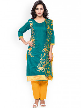 Myntra Satrani Green & Yellow Embroidered Chanderi Cotton Unstitched Dress Material