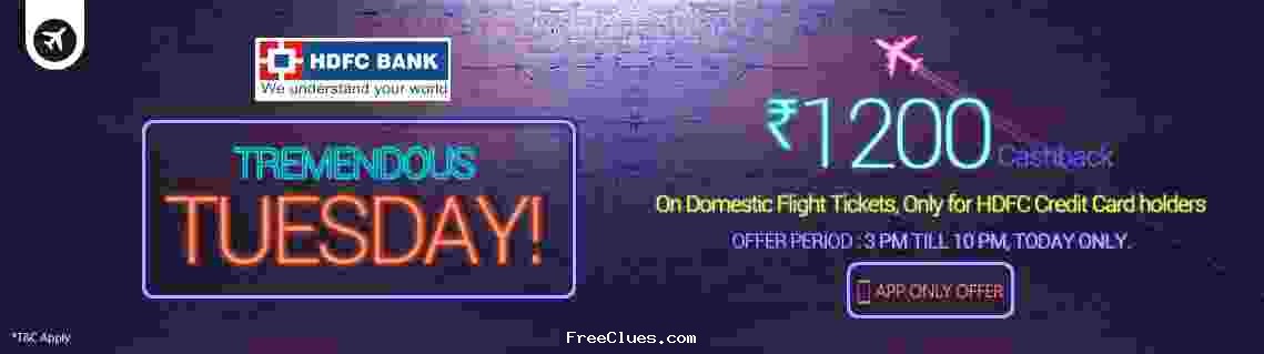 Goibibo 1200 Cashback on domestic flight tickets for HDFC Credit Cards