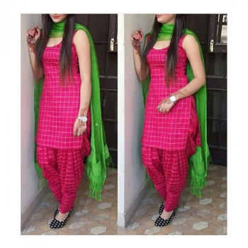 Indiarush Cotton Checkered Pink Unstitched Patiala Suit - P4321