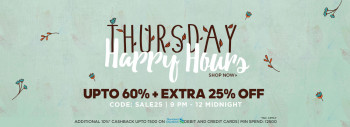 Jabong Thursday Happy Hours | Upto 60% Off + Extra 25% Off | 9 PM - 12 MIDNIGHT