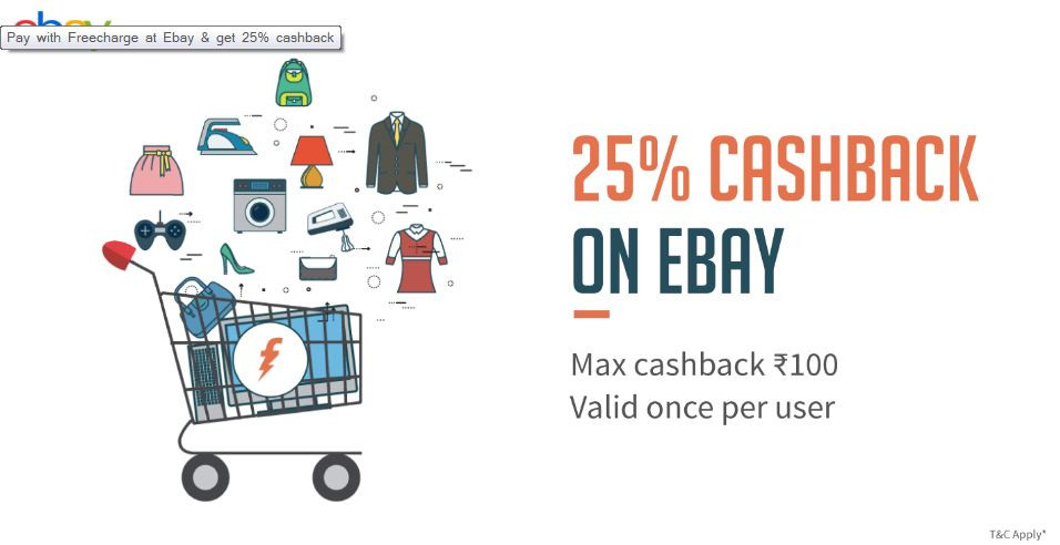 freecharge 25% cashback on ebay, max 100