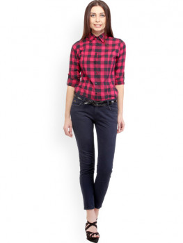Myntra Cation Women Pink & Black Checked Casual Shirt