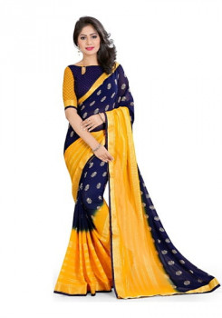 oomph! women’s printed georgette sarees - indigo blue & honey yellow