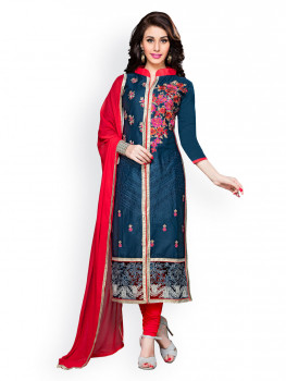 Myntra Blissta Blue & Red Embroidered Cotton Unstitched Dress Material