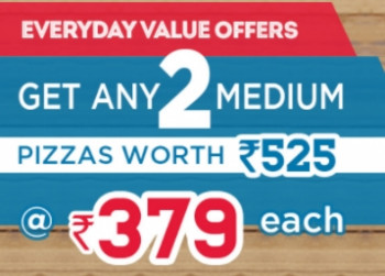 Dominos Friday Any 2 Medium Pizza of Rs. 525 for Rs. 379 + Extra 10% OFF