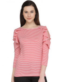 plusS Women Red & Off-White Striped Ruffled Fitted Top
