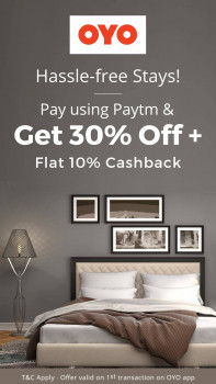 Get 30% off + 10% cashback on 1st ever transaction on OYO App when you pay with Paytm Wallet