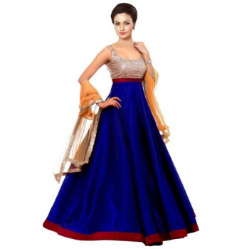 Indiarush Poly Silk Blue Plain Semi Stitched Gown
