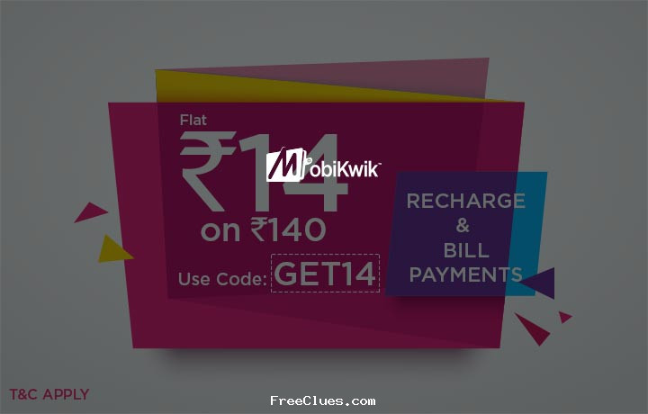 Mobikwik Get Flat Rs.14 Cashback on Recharge & Bill Payment