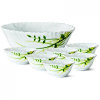 Larah by Borosil Green Herbs Glass Pudding Set, 7-Pieces, White