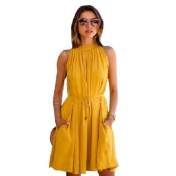 WomenS Yellow Mini Dress - Gathered Style FcDrs1116YlwBge
