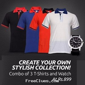 Askmebazaar Combo Of 3 Multicolour Polo T-Shirt With Watch @ Rs. 899/-