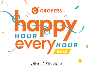 Grofers Happy Hour Every Hour sale on Grocery, Fruits & Vegetables, Electronics, Cosmetics, pet Care & more