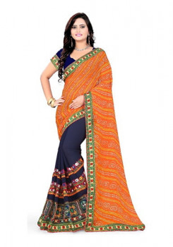 riva designer half and half bandhani pallu orange and navy blue color saree