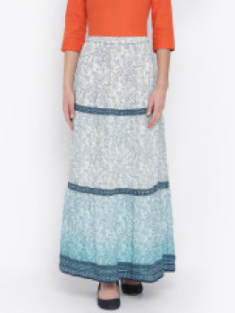 Fusion Beats Off-White & Navy Printed Flared Maxi Skirt