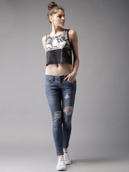 Myntra Moda Rapido Women Ankle Length Skinny Fit Blue Distressed Jeans