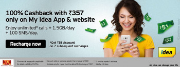 idea recharge offer : Recharge for ₹357 & get 100% cashback