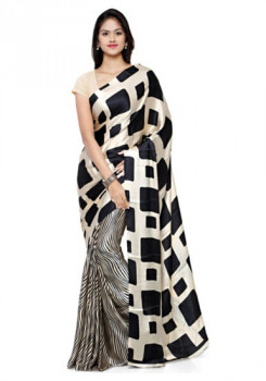 sareemall black & cream printed crepe saree with blouse