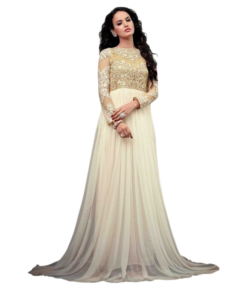 Snapdeal Fashion World White Net Anarkali Gown Semi Stitched Dress Material