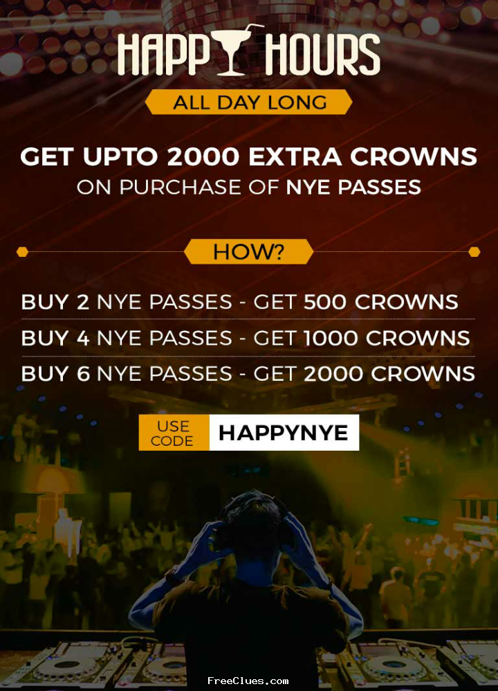 Crownit Happy hours : Get upto 2000 crowns on buying NYE passes