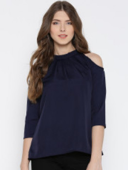 U and F Women Navy Solid Cold Shoulder Top