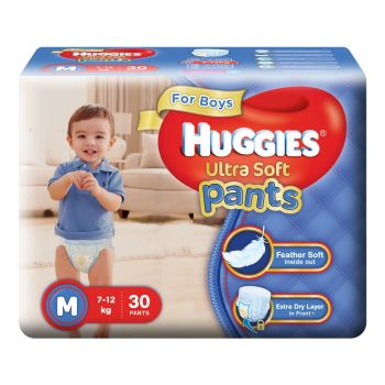 Amazon Huggies Ultra Soft Pants Medium Size Premium Diapers for Boys (White, 30 Counts)