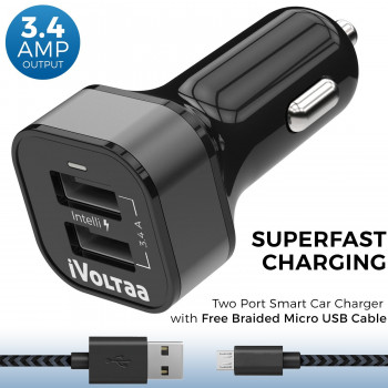 Amazon iVoltaa 3.4A Dual Port Rapid Car Charger with Free Braided Charging Cable for all types of Mobiles,Tablets,GPS