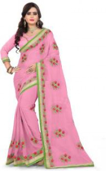 Rudra Fashion Embroidered Fashion Faux Georgette Saree (Pink)
