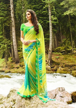 yellow georgette abstract printed saree with blouse piece