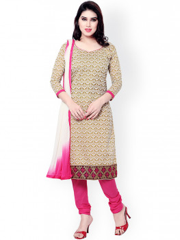 Myntra Saree mall Beige & Pink Printed Chanderi Unstitched Dress Material