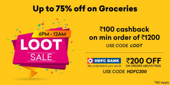 Grofers Grofers Loot Sale 6PM-12AM : Upto 75% off on groceries||100 Cashback on min 1200