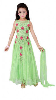AMoCo Apparels Girls Light Green Color Soft Net Semi-Stitched Gowns.