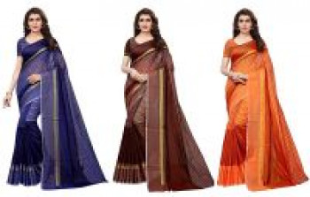 Anni Designer Cotton Saree with Blouse Piece (Pack of 3) (TS02 Blue Brown Orange_Multicolor_Free Size)
