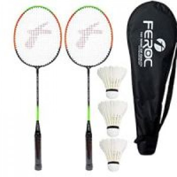 FEROC 2 Pieces Aluminium Badminton Racket with 3 Pieces Feather Shuttles with Full-Cover Set,Aluminum, Multicolor (Multicolor)