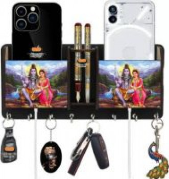 Heritagecrafts Shiv Parvati Wooden 2 Pocket Mobile and Pen holder 8 Hooks Wood Key Holder  (8 Hooks, Brown)