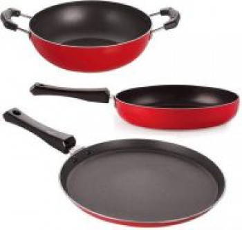 NIRLON Non-Stick Aluminium Mini Cookware Set (Tawa, Fry Pan, Kadhai), Red Cookware Set  (PTFE (Non-stick), Aluminium, 3 - Piece)