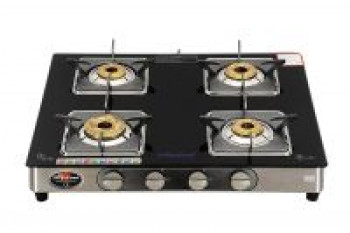 Suryaflame Glasstop Gas Stove 4 Burners 4B BELLO GT SS NA (ISI Marked, CE Certified) with Doorstep Service - Black/ Silver